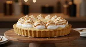 A whole blonde cream pie with whipped cream swirls and caramel drizzle on a wooden cake stand.