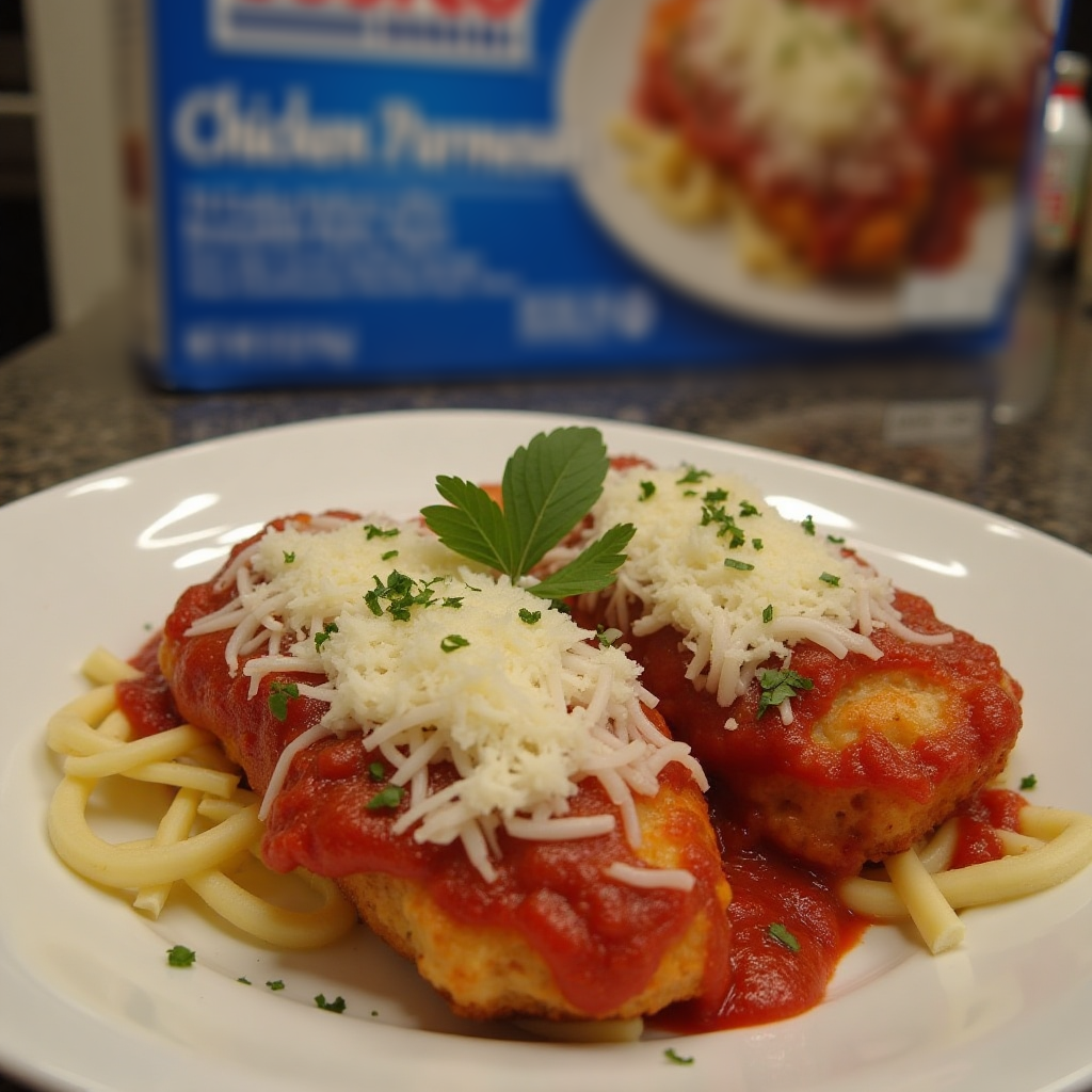 A photo of a Costco Chicken Parmesan with the package on a kitchen counter in blur