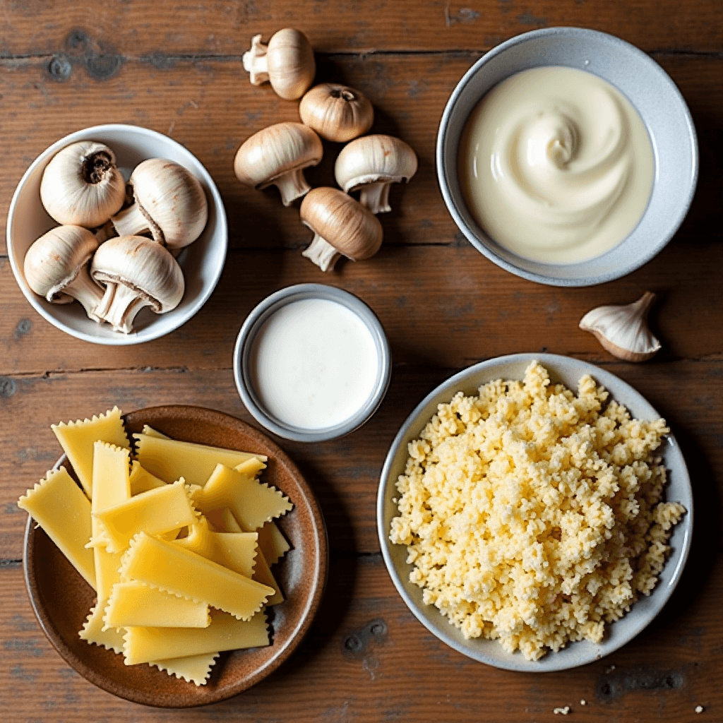 An overhead shot of the ingredients: chicken, mushrooms, garlic cloves, cream, parmesan cheese, and dry pasta spaghitti arranged on a wooden countertop don't write the names
