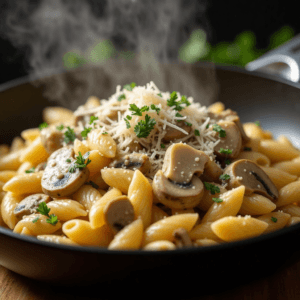 A skillet filled with creamy chicken mushroom pasta, with steam rising, garnished with parsley and parmesan cheese.
