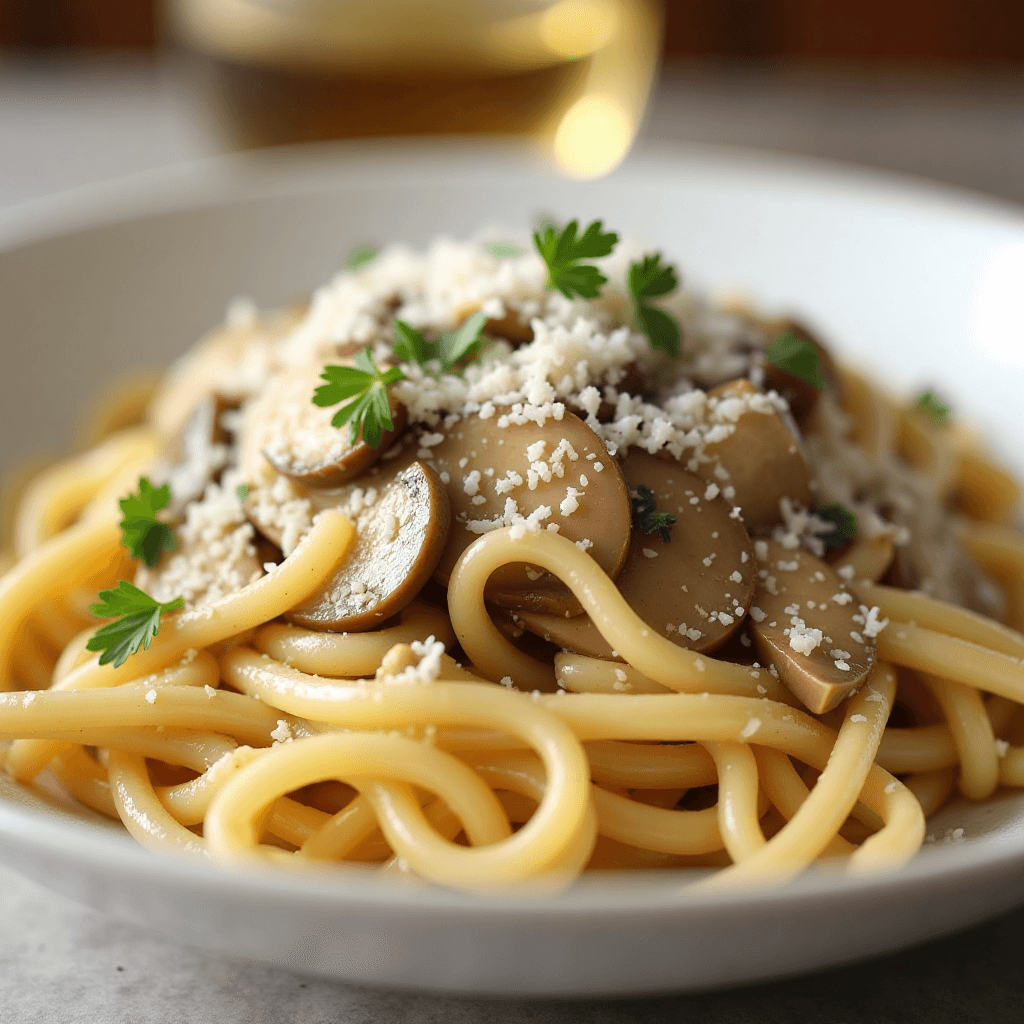 A bowl of chicken mushroom pasta, garnished with parsley and freshly grated parmesan, with a glass in the background.