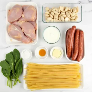 A flat lay of ingredients: raw chicken, sausage links, dry pasta, garlic cloves, cream, parmesan cheese, and fresh vegetables like spinach and bell peppers.
