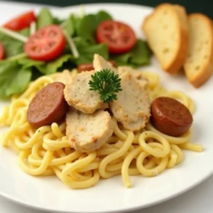 A serving of creamy pasta on a white plate, topped with sausage slices, chicken pieces, and garnished with parsley, accompanied by a Caesar salad and garlic bread.
