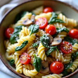 A vegetable-loaded creamy pasta variation with spinach, mushrooms, and cherry tomatoes, served in a rustic bowl.
