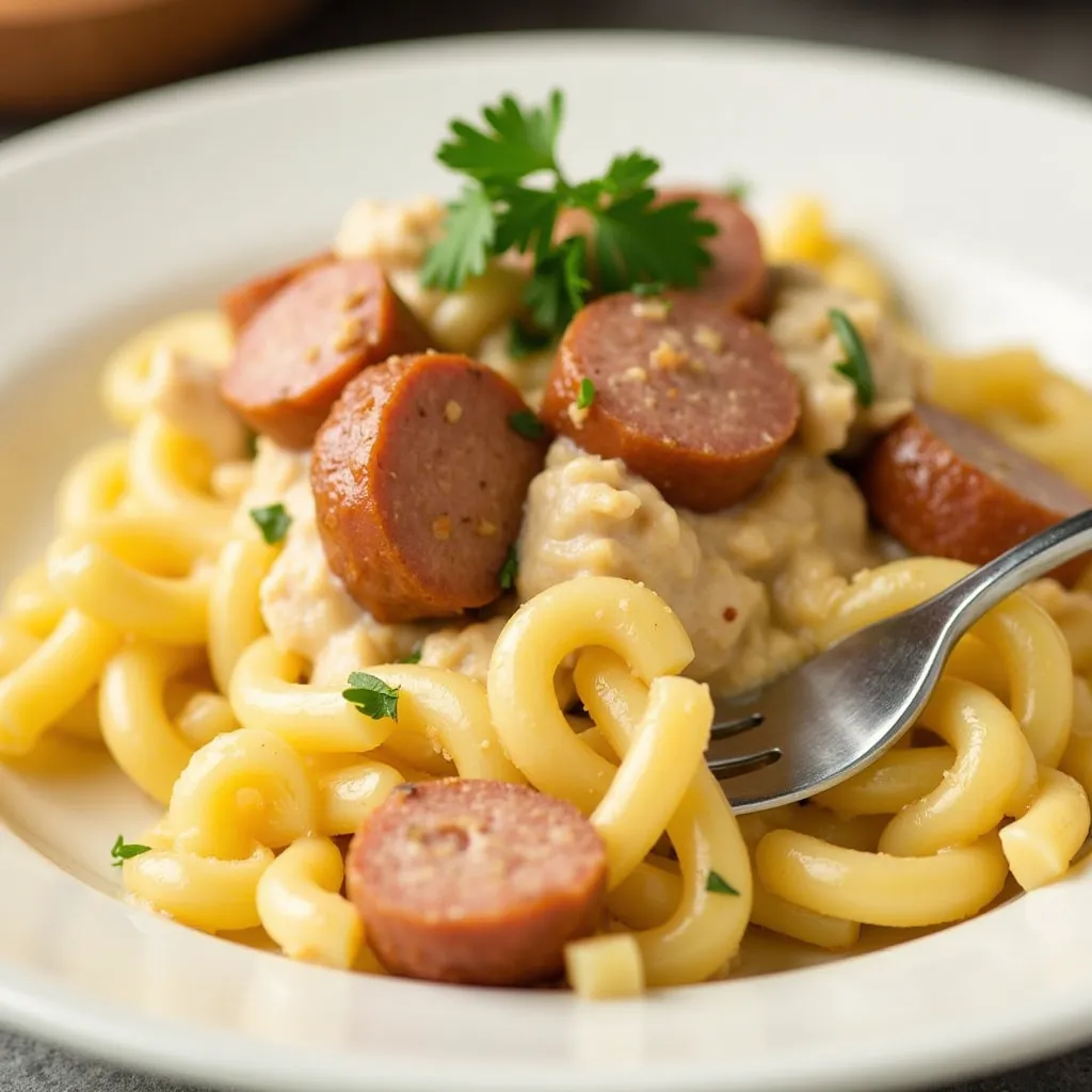 A plate of creamy pasta topped with slices of browned sausage, tender chicken pieces, and fresh parsley, with a fork ready to dig in.