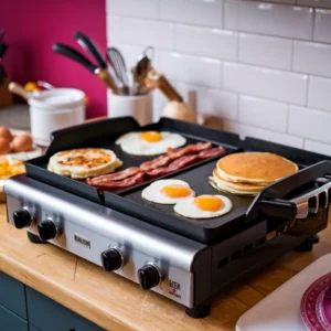 A-Blackstone-griddle-dont-show-the-brand-with-sizzling-bacon-golden-pancakes-and-fried-eggs-cooking-simultaneously