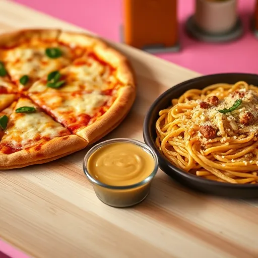 A-Dominos-pizza-topped-with-Garlic-Parmesan-sauce-on-one-side-a-bowl-of-pasta-with-the-sauce-on-another-and-breadsticks-with-a-small-dipping-container-of-the-sauce-in-between