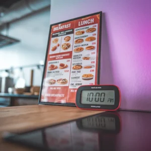 A-Taco-Bell-menu-board-highlighting-both-breakfast-and-lunch-options-with-a-digital-clock-showing-1000-AM-to-represent-the-transition-time.