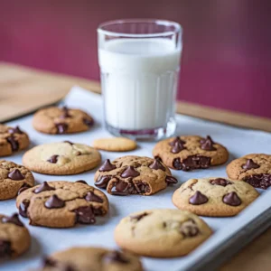 A-baking-tray-with-freshly-baked-cookies-some-with-gooey-chocolate-chips-melting-paired-with-a-glass-of-milk-in-the-background