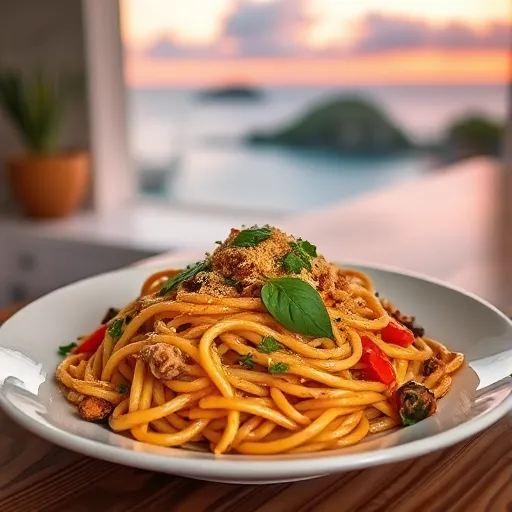 A-beautifully-plated-Rasta-Pasta-dish-featuring-creamy-pasta-jerk-seasoned-vegetables-and-garnishes-with-the-Jamaican-coastline-in-the-background-recipesfair.com