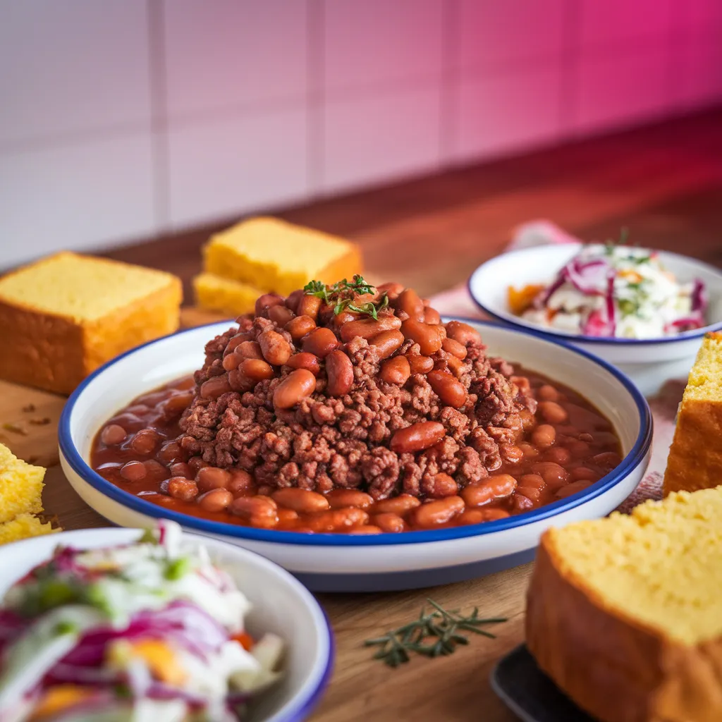 A-beautifully-plated-dish-featuring-baked-beans-with-ground-beef-as-the-centerpiece-surrounded-by-complementary-sides-like-cornbread-and-coleslaw