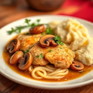 A-beautifully-plated-dish-of-chicken-Marsala-with-mushrooms-garnished-with-parsley-and-served-alongside-mashed-potatoes-recipesfair.com