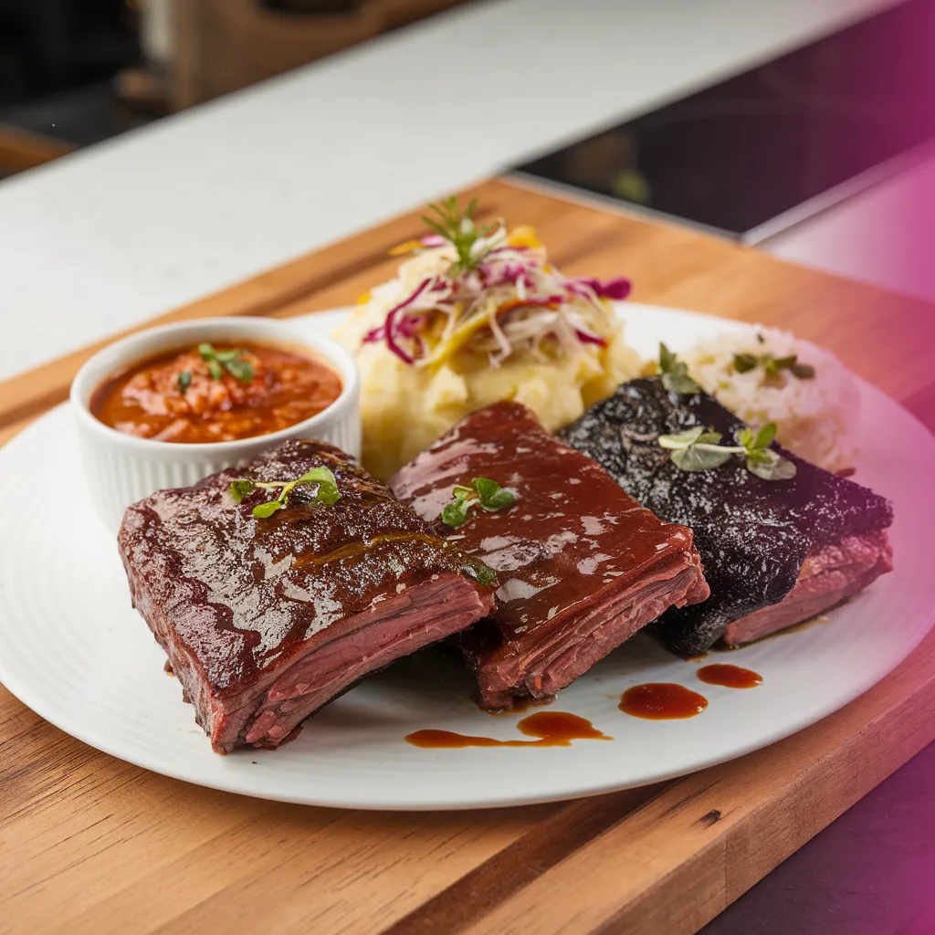 A-beautifully-plated-serving-of-boneless-short-ribs-in-three-styles—classic-BBQ-red-wine-braised-and-Asian-inspired—paired-with-sides-like-mashed-potatoes-coleslaw-and-rice