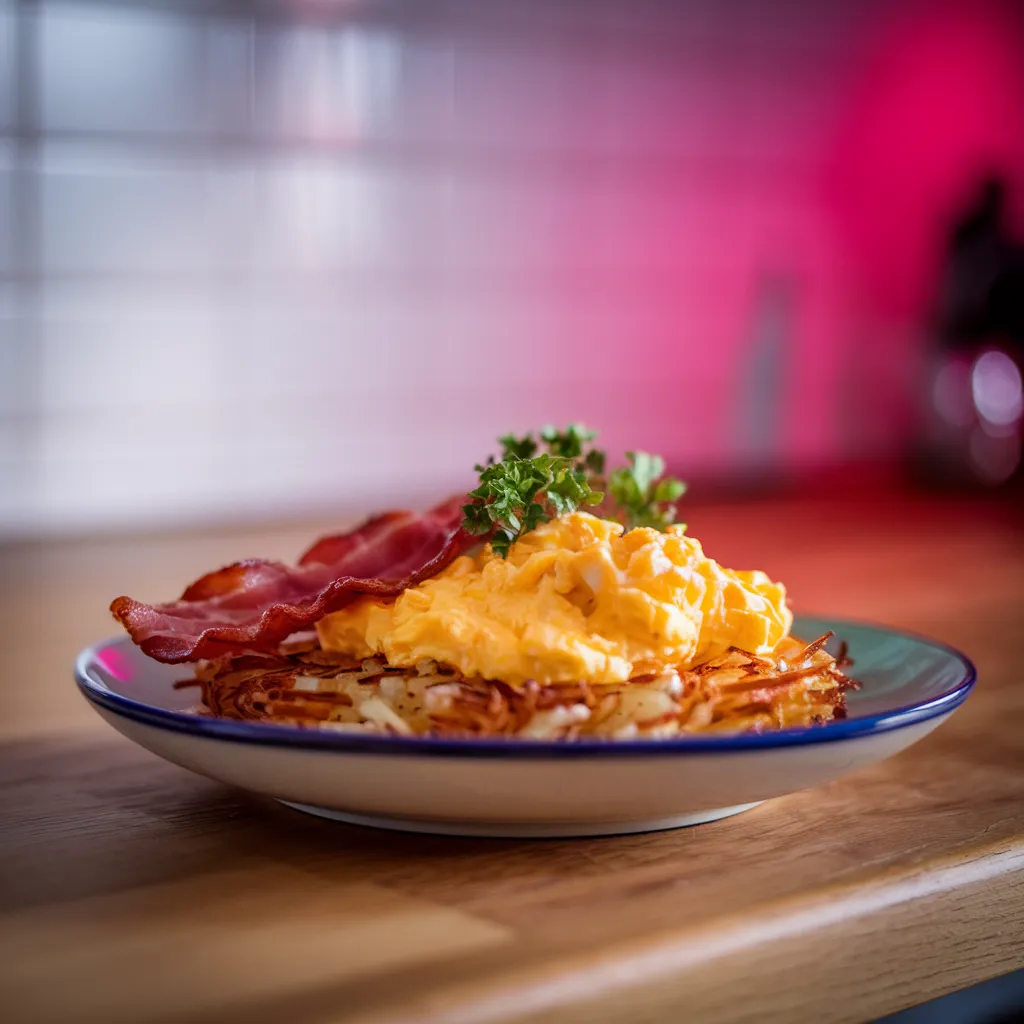 A-beautifully-styled-breakfast-plate-featuring-crispy-hash-browns-scrambled-eggs-bacon-and-a-sprig-of-parsley-for-garnish