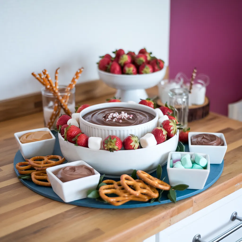 A-beautifully-styled-dessert-table-featuring-a-bowl-of-choc-dip-surrounded-by-strawberries-pretzels-and-marshmallows-with-small-bowls-of-flavor-variations-like-salted-caramel-and-mint-chocolate