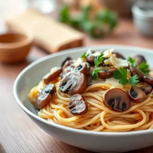 A-bowl-of-creamy-mushroom-pasta-with-wild-mushrooms-garnished-with-Parmesan-shavings-and-fresh-parsley-recipesfair.com_