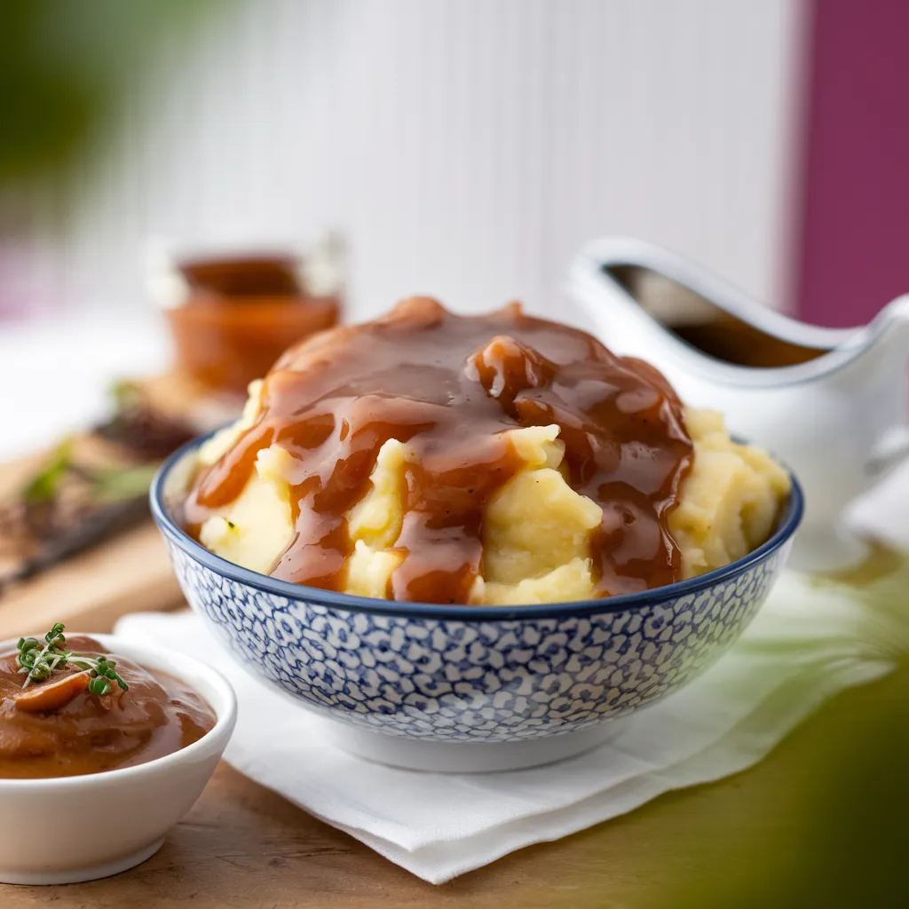 A-bowl-of-mashed-potatoes-topped-with-rich-gravy-with-a-small-dish-of-mushroom-sauce-and-a-gravy-boat-nearby