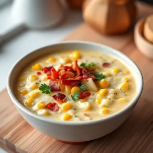 A-bowl-of-potato-and-corn-chowder-made-with-Yukon-Gold-potatoes-topped-with-crispy-bacon-and-parsley