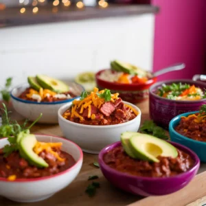 A-bowl-of-steak-chili-topped-with-sour-cream-shredded-cheese-and-fresh-cilantro-paired-with-a-side-of-crusty-bread