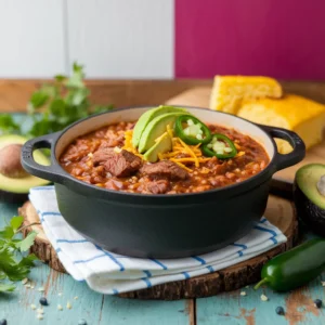 A-bowl-of-steak-chili-with-toppings-like-shredded-cheese-jalapenos-and-a-dollop-of-sour-cream-paired-with-a-side-of-cornbread-and-iced-tea