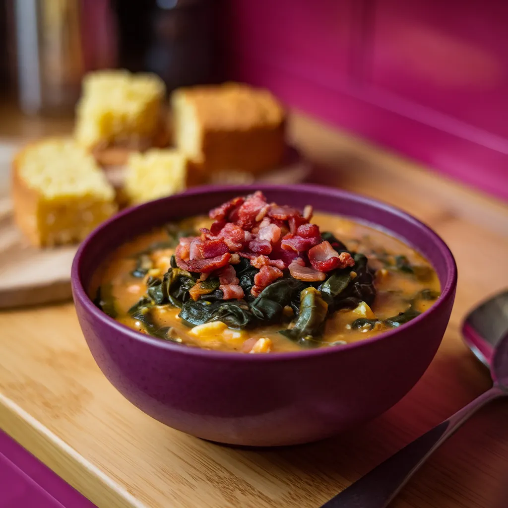 A-bowl-of-swamp-soup-garnished-with-turnip-greens-bacon-bits-and-cornbread-on-the-side