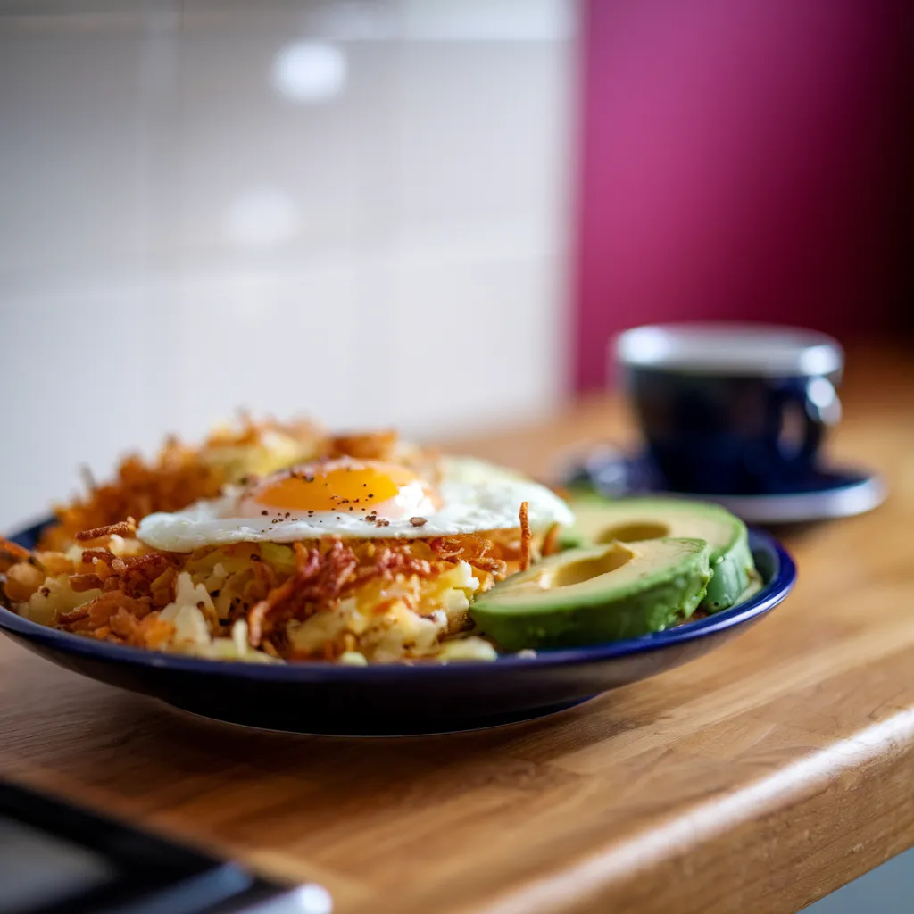 A-breakfast-plate-featuring-crispy-hash-browns-eggs-and-fresh-avocado-slices-served-with-a-cup-of-coffee