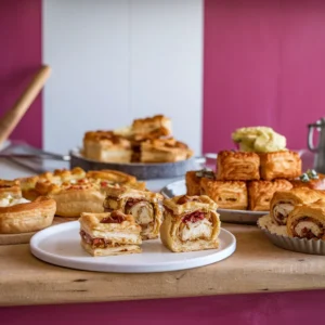 A-breakfast-spread-featuring-savory-and-sweet-puff-pastry-dishes-including-tarts-rolls-and-square