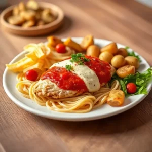 A-build-your-own-plate-concept-with-chicken-parm-at-the-center-surrounded-by-options-like-pasta-roasted-vegetables-salad-and-potatoes