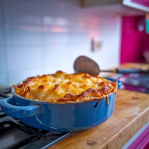 A-casserole-dish-with-golden-bubbly-cheese-on-top-served-with-a-spatula