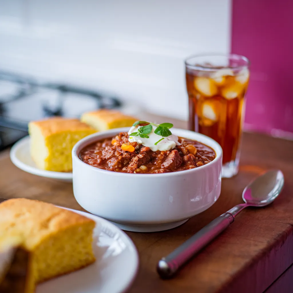 A-cast-iron-pot-of-steak-chili-on-a-rustic-wooden-table-surrounded-by-fresh-toppings-like-avocado-shredded-cheese-and-jalapenos-with-cornbread-on-the-side