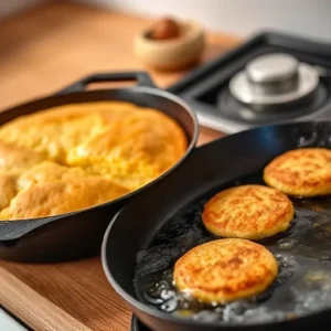 A-cast-iron-skillet-of-cornbread-fresh-from-the-oven-next-to-a-skillet-with-hot-water-cornbread-patties-sizzling-in-oil-recipesfair.com