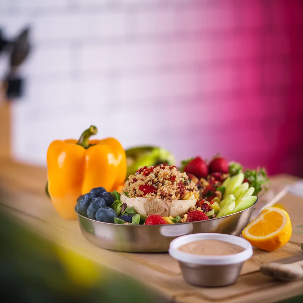 A-cheerful-lunchbox-spread-featuring-a-stuffed-bell-pepper-quinoa-salad-and-fresh-fruits-with-a-small-side-container-of-tahini-dressing