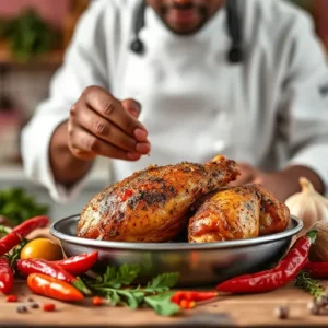 A-chef-marinating-chicken-with-jerk-seasoning-surrounded-by-traditional-Caribbean-spices-like-Scotch-bonnet-peppers-thyme-and-garlic.-This-highlights-the-cultural