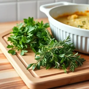 How to Add Flavor to Bland Chicken Casserole A-chopping-board-with-fresh-herbs-like-parsley-rosemary-and-thyme-next-to-a-casserole-dish