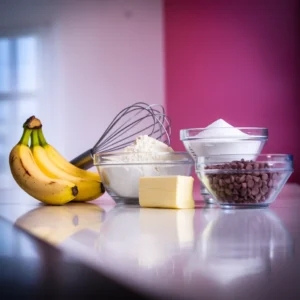 A-clean-kitchen-counter-with-the-main-ingredients-laid-out-a-bunch-of-ripe-bananas-a-stick-of-butter-bowls-of-flour-sugar-and-chocolate-chips-and-a-whisk
