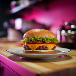 A-close-up-of-a-freshly-made-burger-with-melted-cheese-lettuce-and-tomato-served-on-a-clean-white-plate