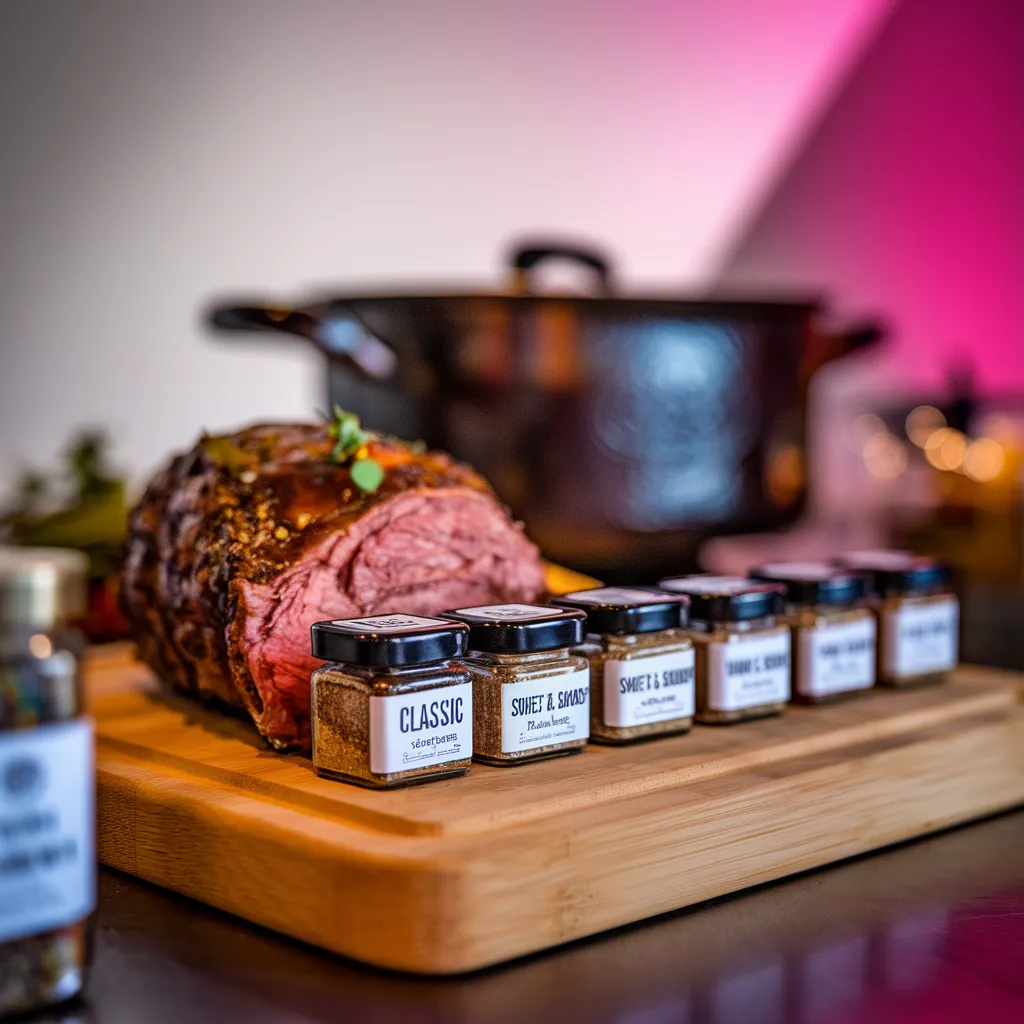 A-close-up-of-a-pot-roast-on-a-platter-surrounded-by-seasoning-jars-and-fresh-herbs