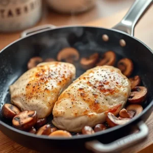 A-close-up-of-chicken-breast-and-mushrooms-cooking-together-in-a-skillet-with-steam-rising-to-show-the-searing-process-recipesfair.com