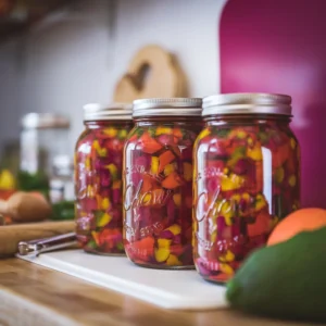 A-close-up-of-perfectly-canned-chow-chow-jars-with-vibrant-vegetables-visible-through-the-glass-accompanied-by-canning-tools-and-fresh-produce