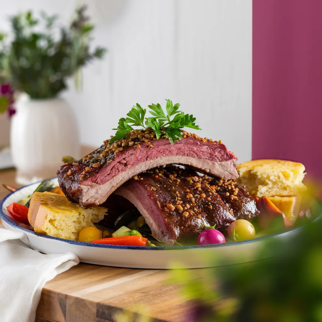 A-close-up-of-perfectly-cooked-boneless-beef-ribs-on-a-wooden-platter-with-sauce-on-the-side