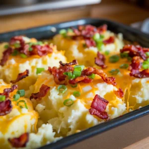 A-close-up-of-twice-baked-mashed-potatoes-fresh-out-of-the-oven-with-golden-bubbling-cheese-and-garnished-with-green-onions-and-crispy-bacon-bits