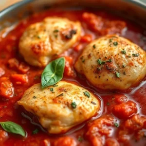 A-close-up-shot-of-chicken-simmering-in-a-tomato-based-pasta-sauce-with-visible-herbs-like-basil-and-oregano-highlighting-the-infusion-of-flavors-recipesfair.com