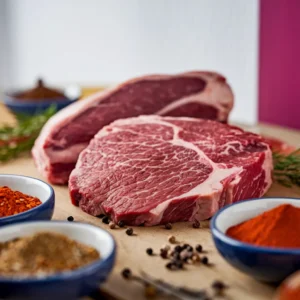 A-close-up-shot-of-raw-sirloin-and-stew-meat-surrounded-by-bowls-of-spices-like-chili-powder-cumin-and-paprika