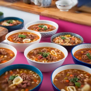 A-collage-featuring-bowls-of-vegetable-beef-soup-with-various-variations-like-the-addition-of-pasta-barley-and-beans-each-styled-uniquely