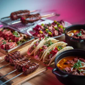 A-collage-of-beef-heart-dishes-including-grilled-skewers-tacos-and-slow-cooked-stew-showcasing-their-variety-and-visual-appeal