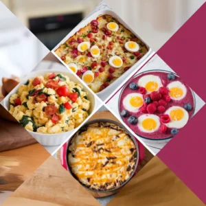 A-collage-of-four-cottage-cheese-egg-variations-scrambled-eggs-with-spinach-and-tomatoes-a-Tex-Mex-bake-sweet-cottage-cheese-eggs-with-berries-and-a-cheesy-Mediterranean-inspired-casserole