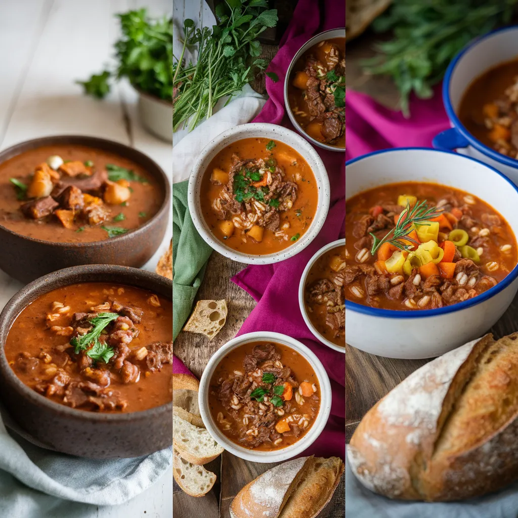 A-collage-of-soups-featuring-beef-including-vegetable-beef-soup-beef-barley-soup-and-chili-all-served-in-rustic-bowls-with-fresh-herbs-and-crusty-bread