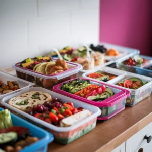 A-collection-of-packed-lunches-including-protein-bowls-salad-jars-and-wraps-arranged-in-meal-prep-containers.