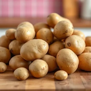 A-collection-of-russet-potatoes-displayed-on-a-wooden-table-ready-for-preparation