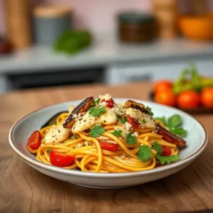 A-colorful-plant-based-version-of-Rasta-Pasta-with-coconut-milk-sauce-and-grilled-vegetables-arranged-artfully-on-a-wooden-table.-recipesfair.com